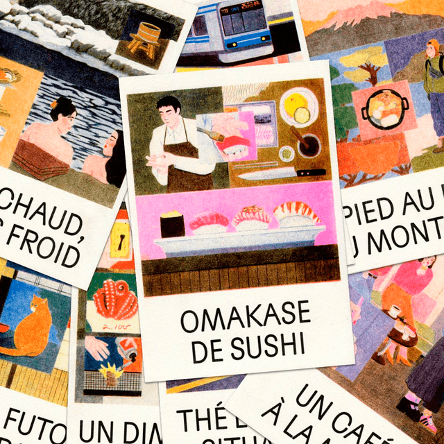 Un voyage en 12 images, série de 12 cartes (risographie format A5)